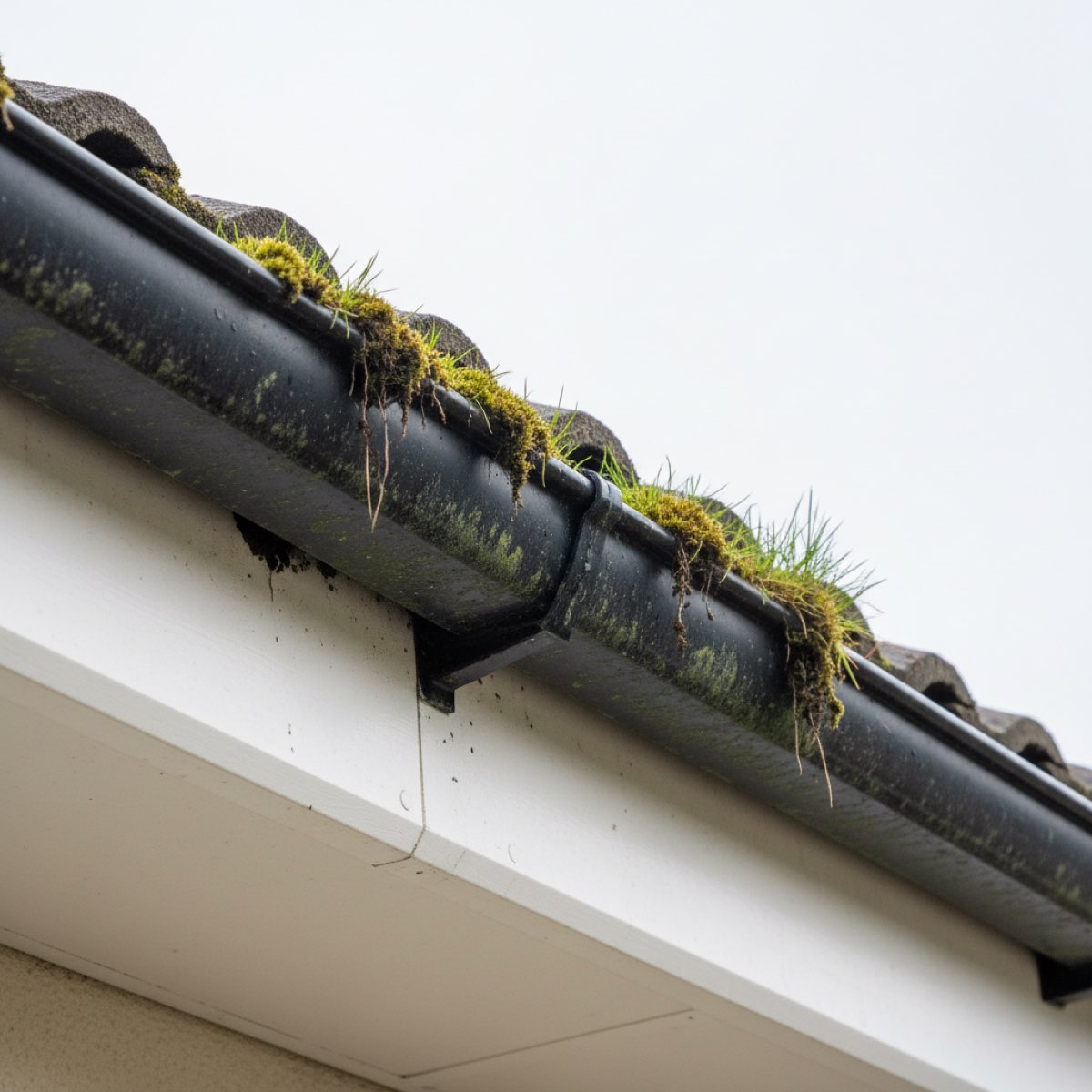 A black plastic gutter on a house, so blocked that moss and tufts of grass are growing out of the packed debris inside it