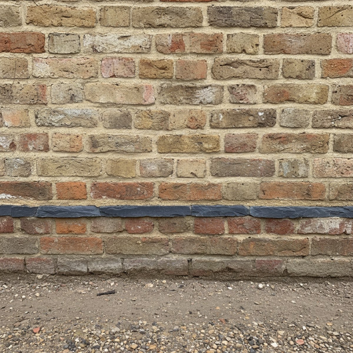A slate damp proof course showing as a continuous thin dark band in a mortar joint near the base of an old brick wall, a few courses above the ground